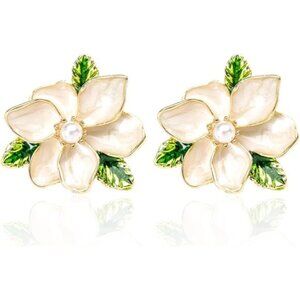 Vintage Flower Earrings | Medieval Style with Pearl Center & Green Leaf Accents